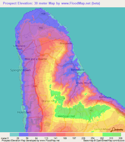Prospect,Barbados Elevation Map