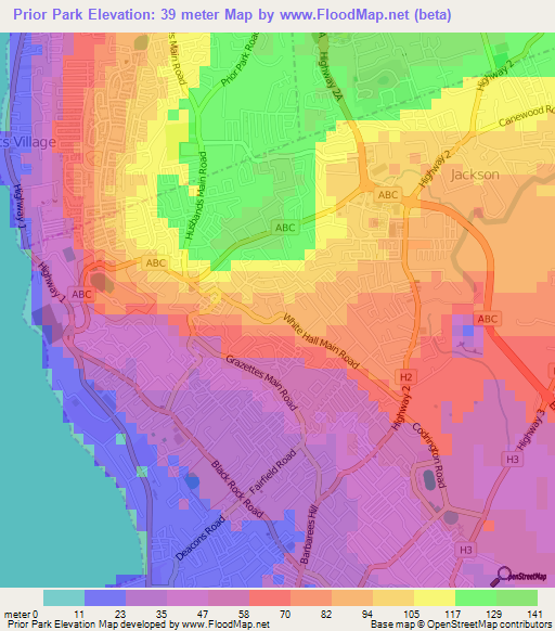 Prior Park,Barbados Elevation Map