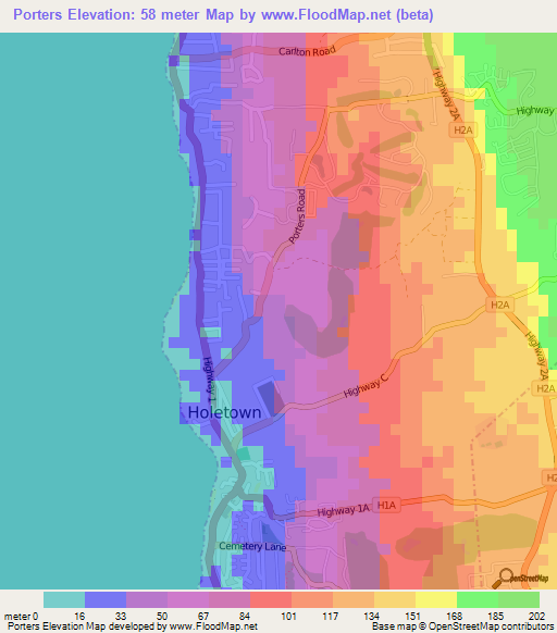 Porters,Barbados Elevation Map