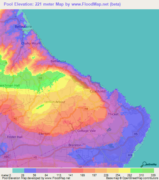 Pool,Barbados Elevation Map