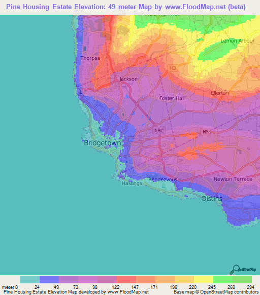 Pine Housing Estate,Barbados Elevation Map
