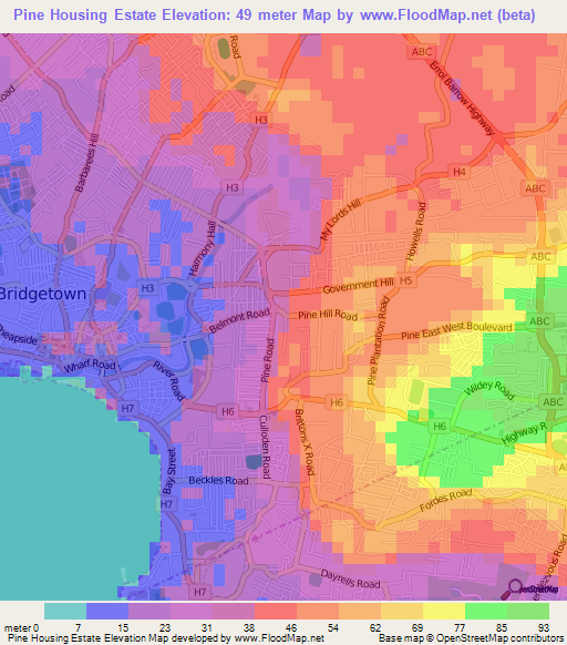 Pine Housing Estate,Barbados Elevation Map