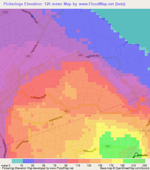 Pickerings,Barbados Elevation Map
