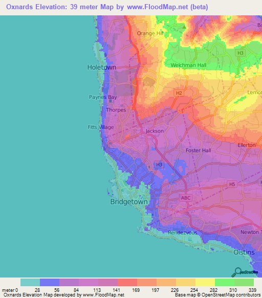 Oxnards,Barbados Elevation Map