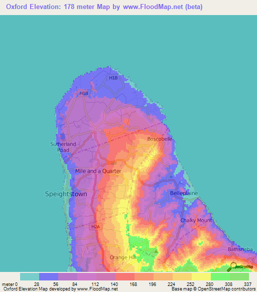 Oxford,Barbados Elevation Map