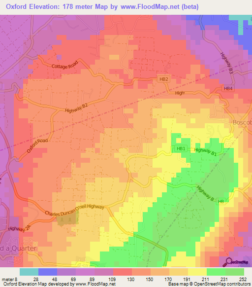 Oxford,Barbados Elevation Map