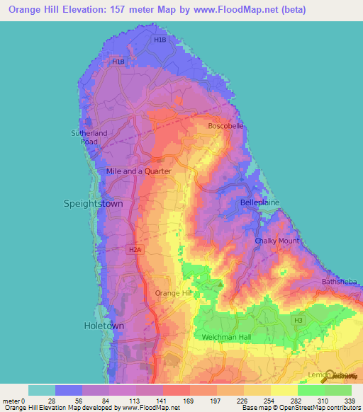 Orange Hill,Barbados Elevation Map