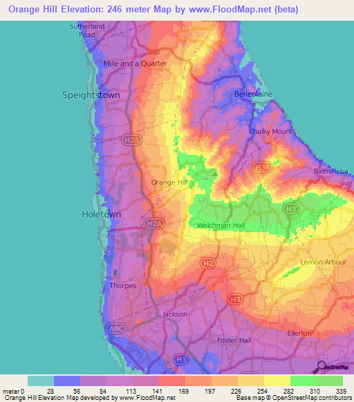 Orange Hill,Barbados Elevation Map