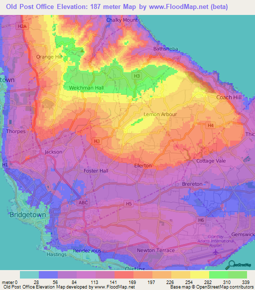 Old Post Office,Barbados Elevation Map