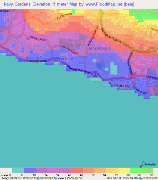 Navy Gardens,Barbados Elevation Map