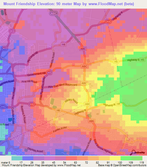Mount Friendship,Barbados Elevation Map