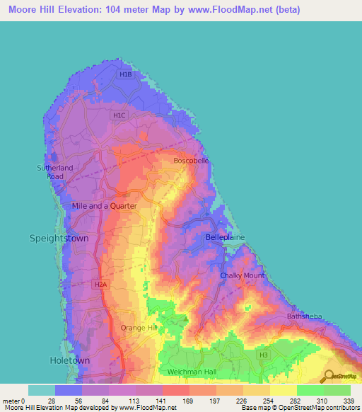 Moore Hill,Barbados Elevation Map