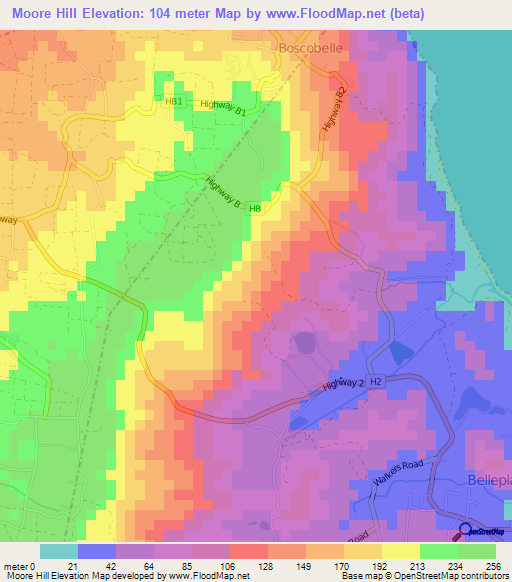 Moore Hill,Barbados Elevation Map