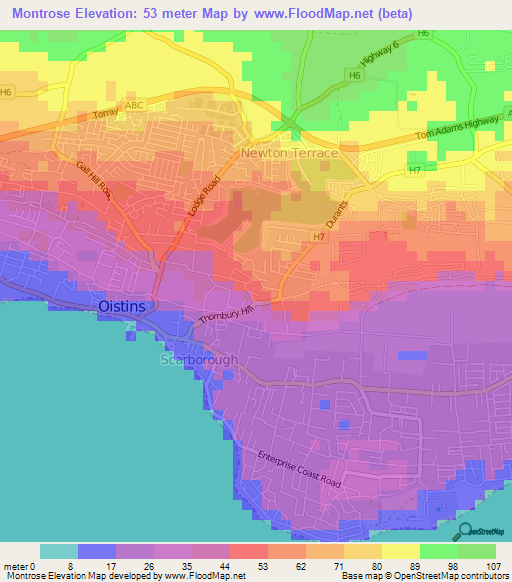 Montrose,Barbados Elevation Map
