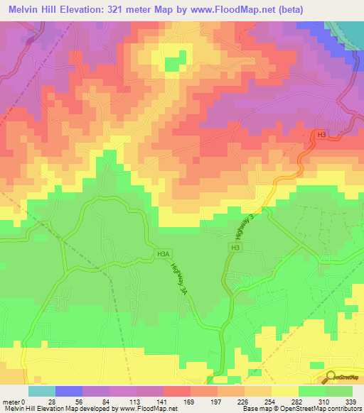 Melvin Hill,Barbados Elevation Map