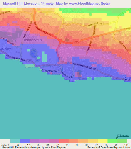 Maxwell Hill,Barbados Elevation Map