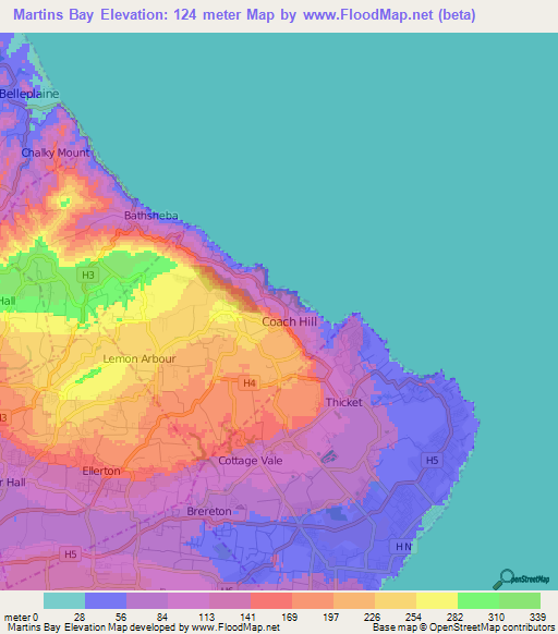 Martins Bay,Barbados Elevation Map