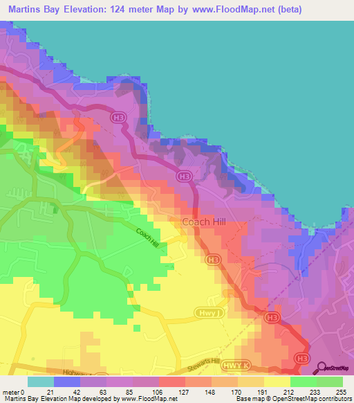 Martins Bay,Barbados Elevation Map