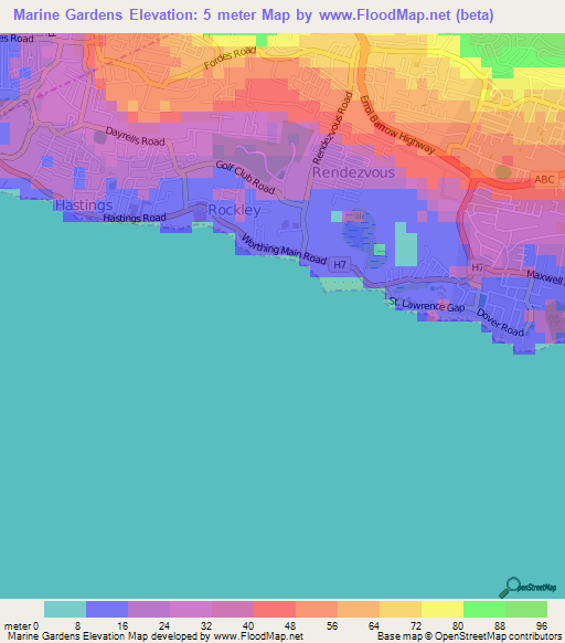 Marine Gardens,Barbados Elevation Map