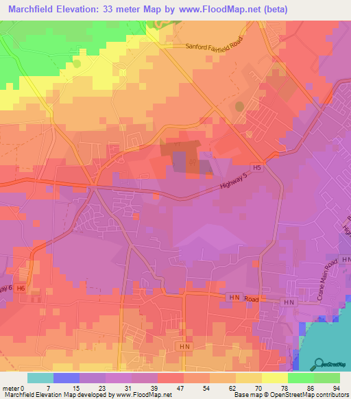 Marchfield,Barbados Elevation Map