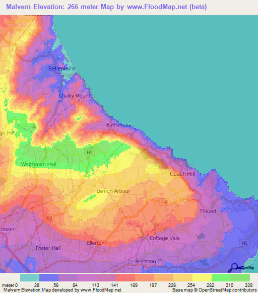 Malvern,Barbados Elevation Map