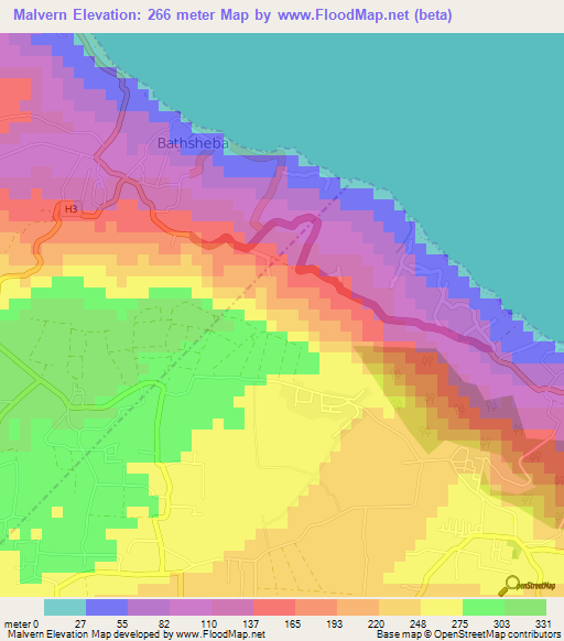 Malvern,Barbados Elevation Map