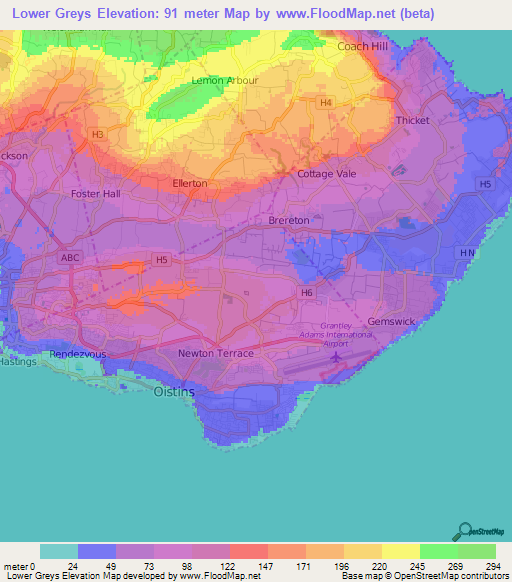 Lower Greys,Barbados Elevation Map
