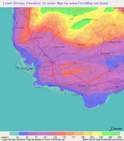 Lower Birneys,Barbados Elevation Map