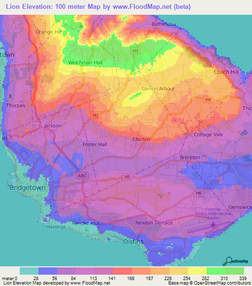 Lion,Barbados Elevation Map