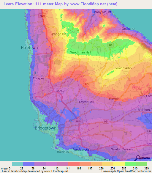Lears,Barbados Elevation Map