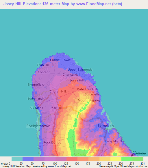 Josey Hill,Barbados Elevation Map
