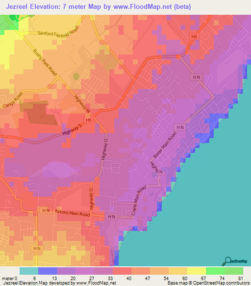 Jezreel,Barbados Elevation Map