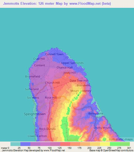 Jemmotts,Barbados Elevation Map