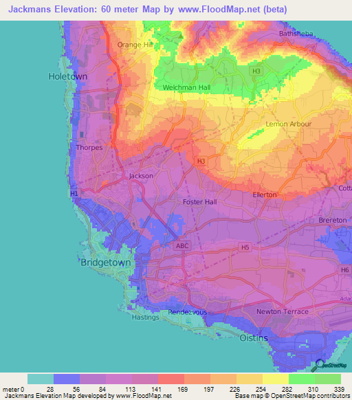 Jackmans,Barbados Elevation Map