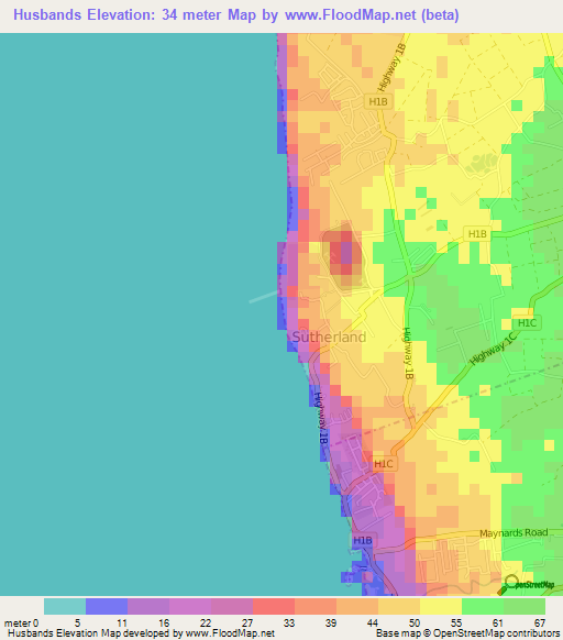 Husbands,Barbados Elevation Map