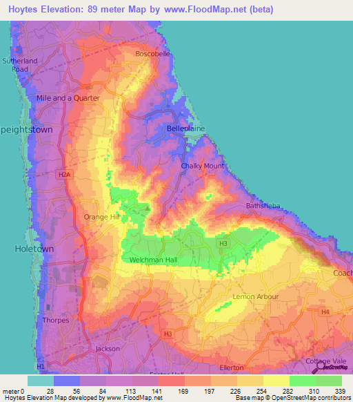 Hoytes,Barbados Elevation Map