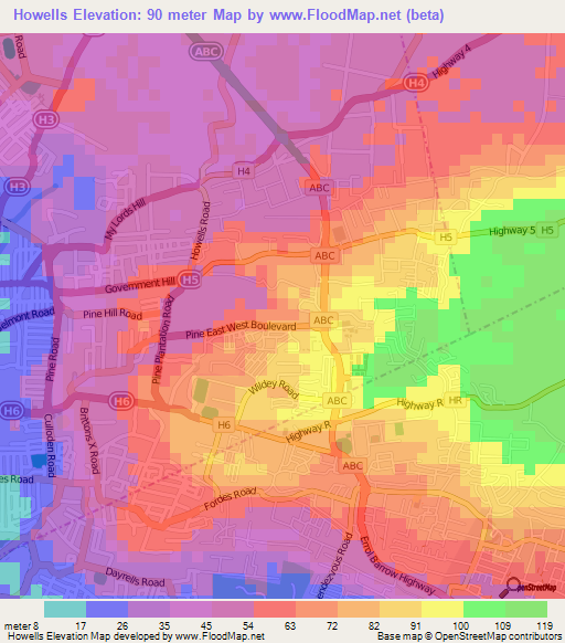 Howells,Barbados Elevation Map