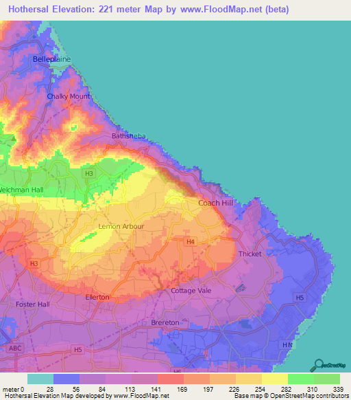 Hothersal,Barbados Elevation Map