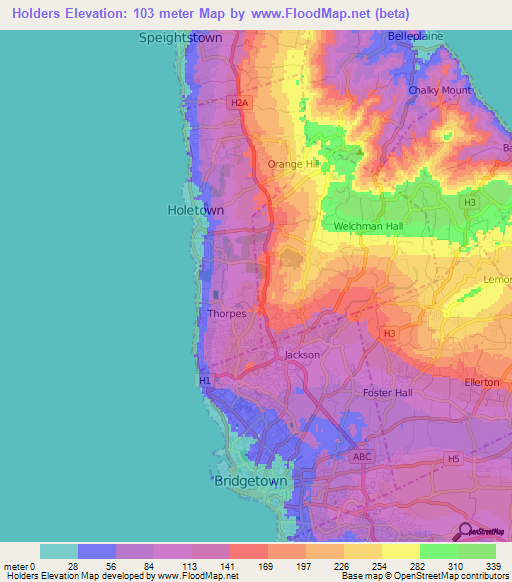 Holders,Barbados Elevation Map
