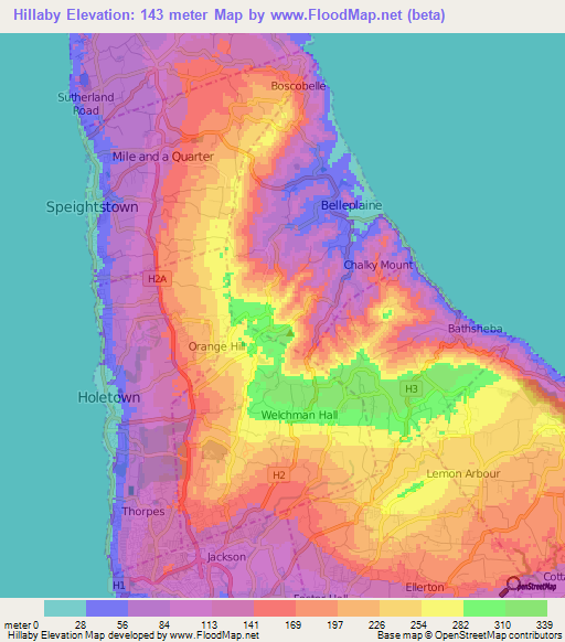 Hillaby,Barbados Elevation Map