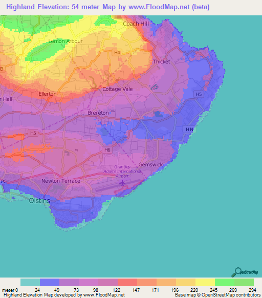 Highland,Barbados Elevation Map