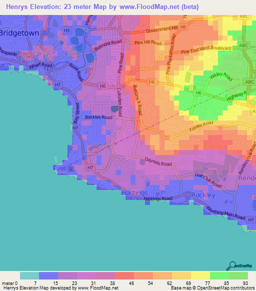 Henrys,Barbados Elevation Map