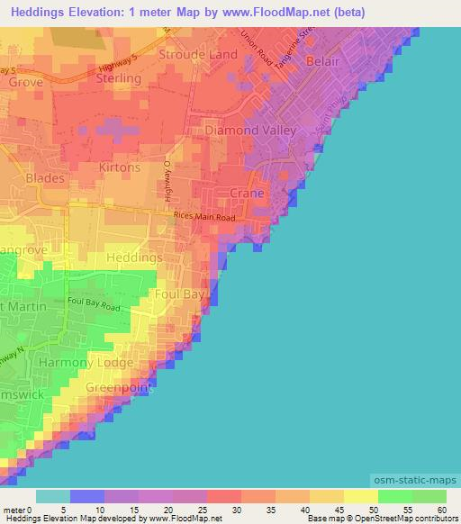 Heddings,Barbados Elevation Map