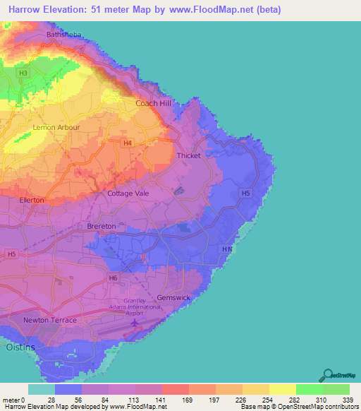 Harrow,Barbados Elevation Map