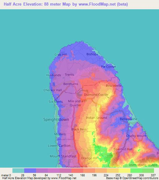 Half Acre,Barbados Elevation Map