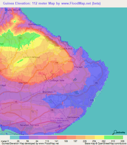 Guinea,Barbados Elevation Map