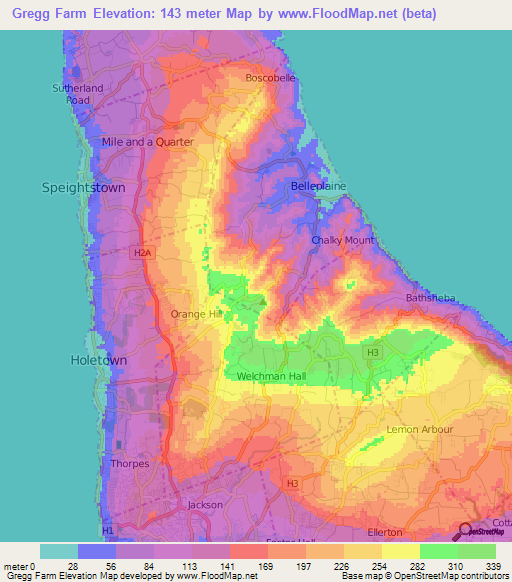 Gregg Farm,Barbados Elevation Map