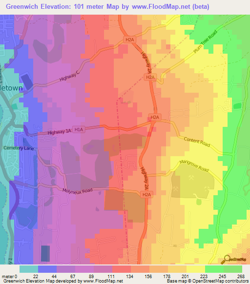 Greenwich,Barbados Elevation Map
