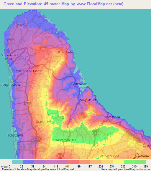 Greenland,Barbados Elevation Map