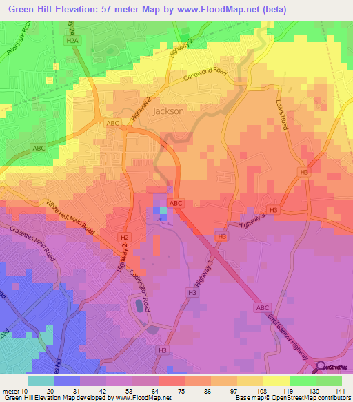 Green Hill,Barbados Elevation Map